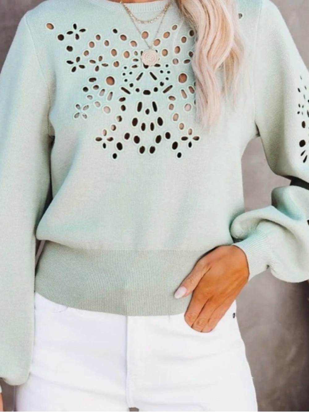 VICI Pastel Mint Eyelet Cutout Crewneck Sweater